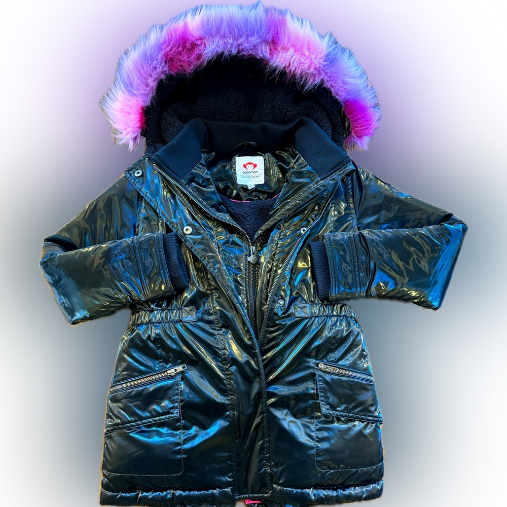 Appaman Middie Puffer Coat - shiny black w/ hot pink & purple fur, Size 10 Girls